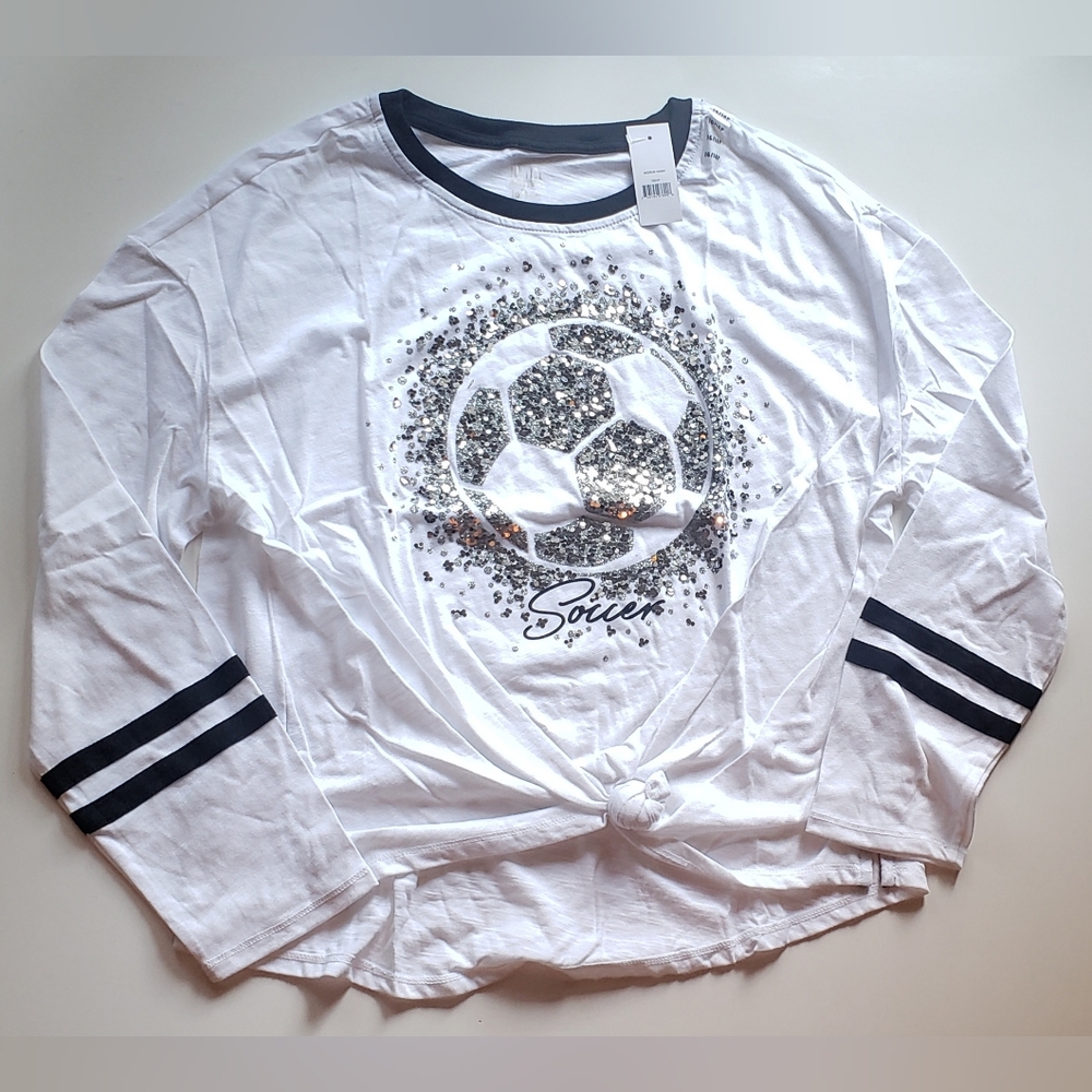 Justice Active girl's top long sleeve black trim sequins soccer ball 16/18